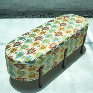 Moroccan Bench – upholstered bench with intricate patterns and sturdy wood frame inspired by Moroccan craftsmanship