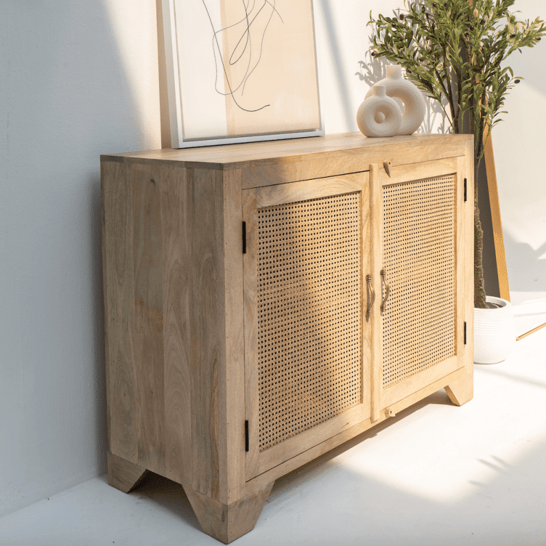 Everly Two Rattan Doors Sideboard featuring a solid wood frame with woven rattan panel doors.
