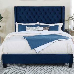 EMBDEN Queen Bed with flannelette upholstered headboard and hardwood frame.