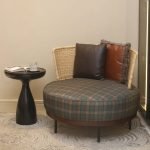 Curved Rattan Back Lounge Chair with Upholstered Seat – natural cane back, fabric seat, wooden frame