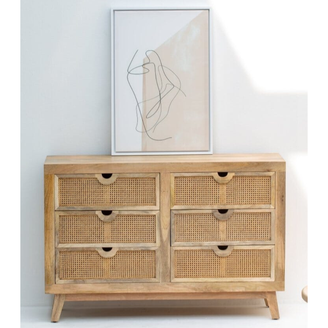 Stockholm Six-Drawer Rattan Wooden Sideboard with handwoven rattan drawer fronts and a sleek solid wood frame.