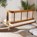 Handcrafted solid wood and cane hanging swing with chain for balcony or living room