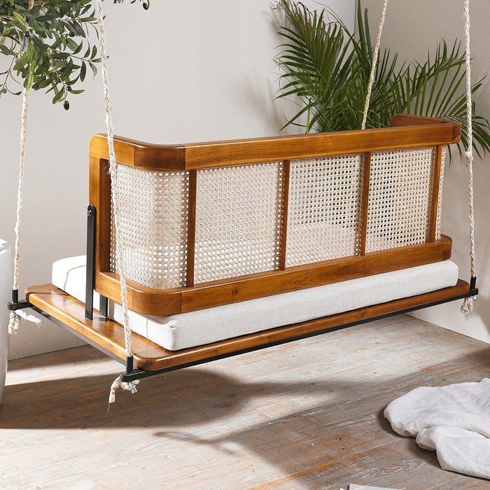 Handcrafted solid wood and cane hanging swing with chain for balcony or living room