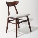 Mid-century walnut dining chair with a curved wood backrest and upholstered fabric seat