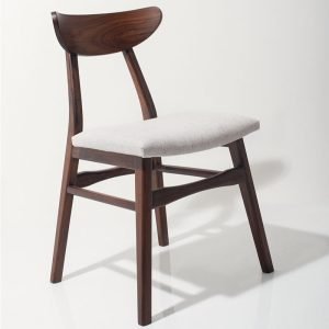 Mid-century walnut dining chair with a curved wood backrest and upholstered fabric seat
