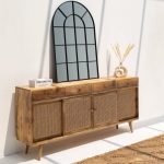 Monroe Rattan Sideboard with four doors, natural wood frame, and handwoven rattan panels for stylish and functional storage.