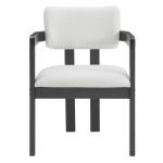 Modern Nordic armchair with wooden frame and neutral fabric upholstery