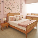 Sakura Cane Bed with woven cane headboard and Leon Teak finish, featuring under-bed storage.​