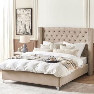 Elegant Tufted Wingback Upholstered Bed with Tall Headboard and Plush Velvet Upholstery