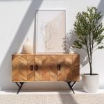 Modern wooden sideboard with a striped pattern on the doors, featuring ample storage and a sleek contemporary design.