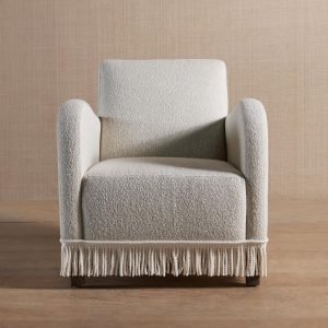 Parisian Fringe Bouclé Armchair in ivory fabric with curved back and fringe trim
