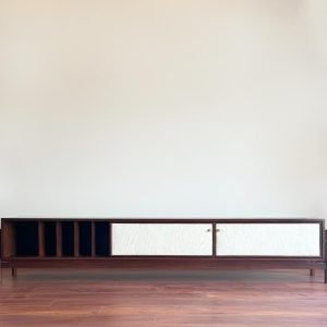 Verra solid wood media console with drawers, open shelf, and modern clean-lined design