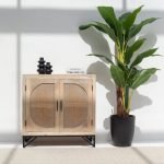 Janet Two-Door Rattan Sideboard with wooden frame, handwoven rattan doors, and spacious internal storage.