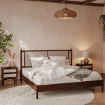 Solid wood bed with rattan cane panels in a warm, naturally lit bedroom