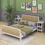 White solid wood bed with natural rattan cane panels in a bright, minimalist bedroom