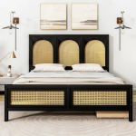 Aniya solid wood rattan cane bed in a warm, rustic bedroom setting