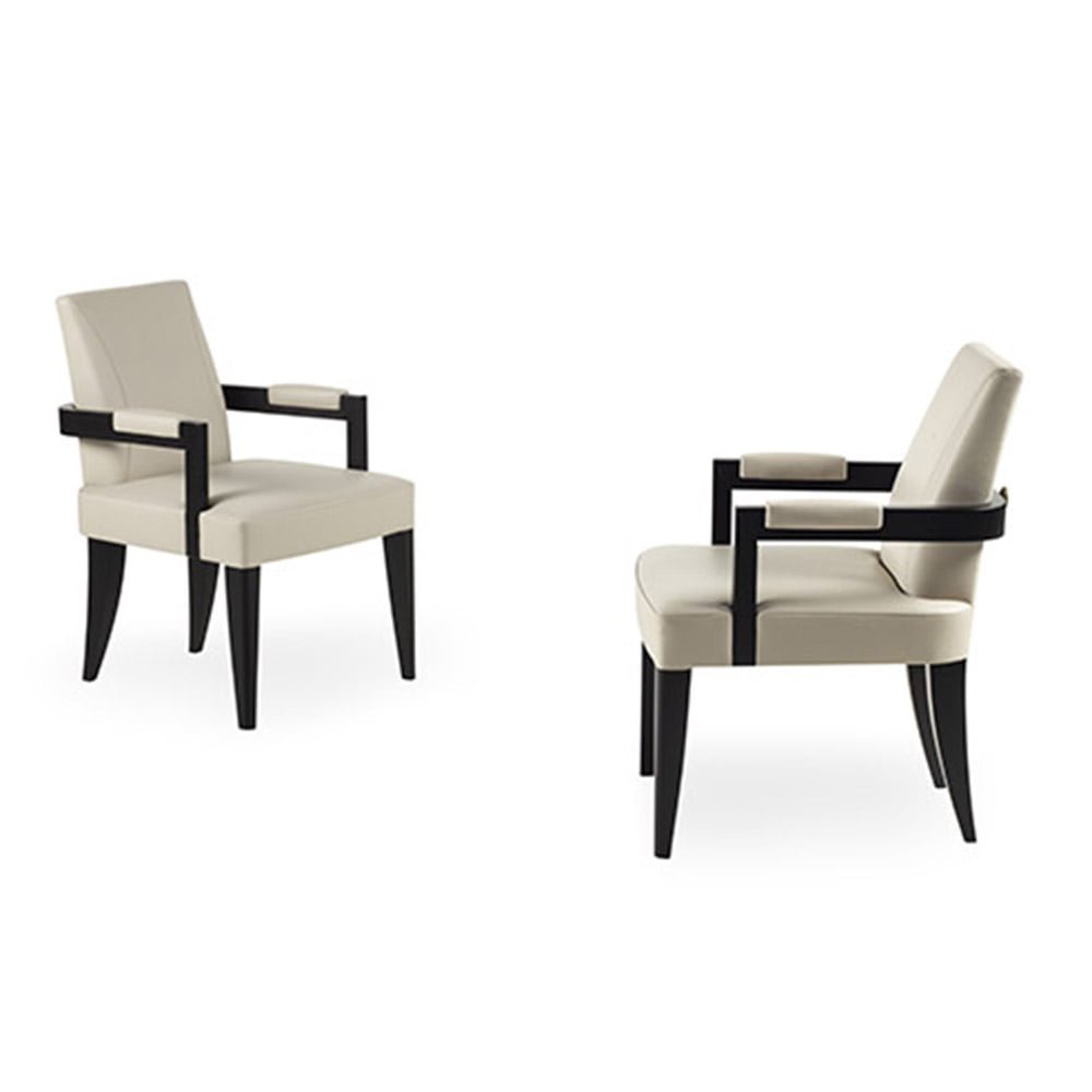 Modern Bristol Armchair with upholstered seat, curved arms, and optional brass-capped legs.