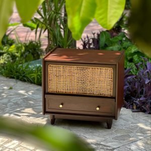 Retro Radio Nightstand with vintage-style carved front and wooden body