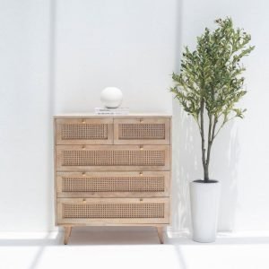 Eliza Rattan Wood Sideboard featuring a solid wood frame, handwoven rattan doors, and spacious storage compartments.