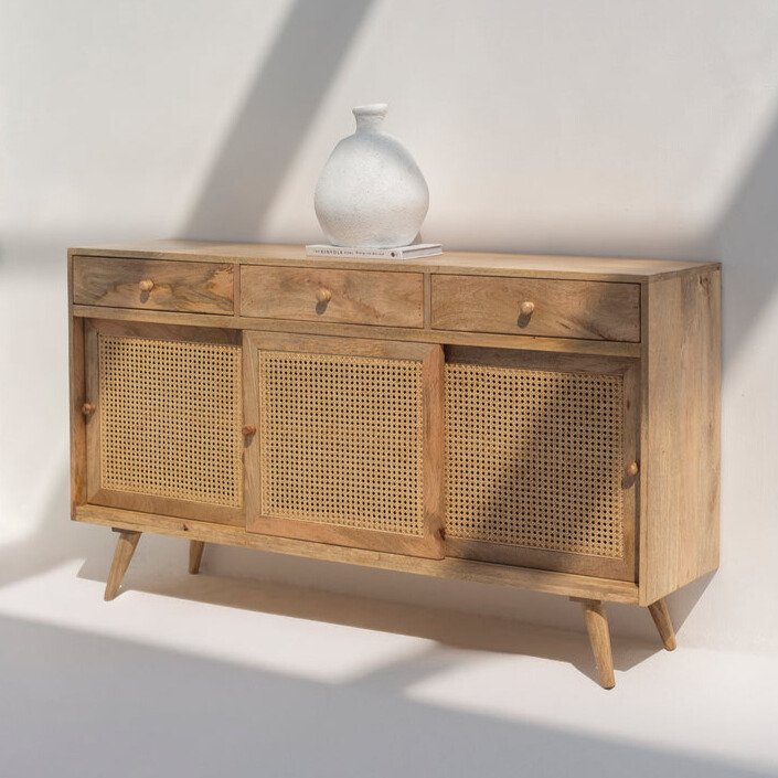 Monroe Rattan 3 Doors Sideboard featuring a solid wood frame, woven rattan doors, and spacious interior compartments for stylish storage.