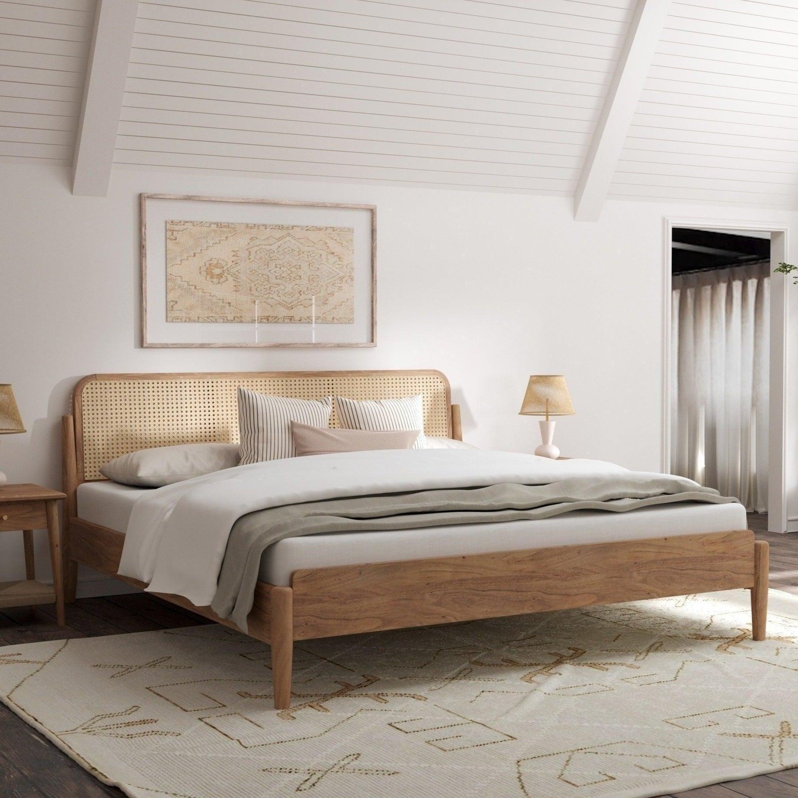 Solid wood and handwoven cane bed in a modern earthy bedroom setting