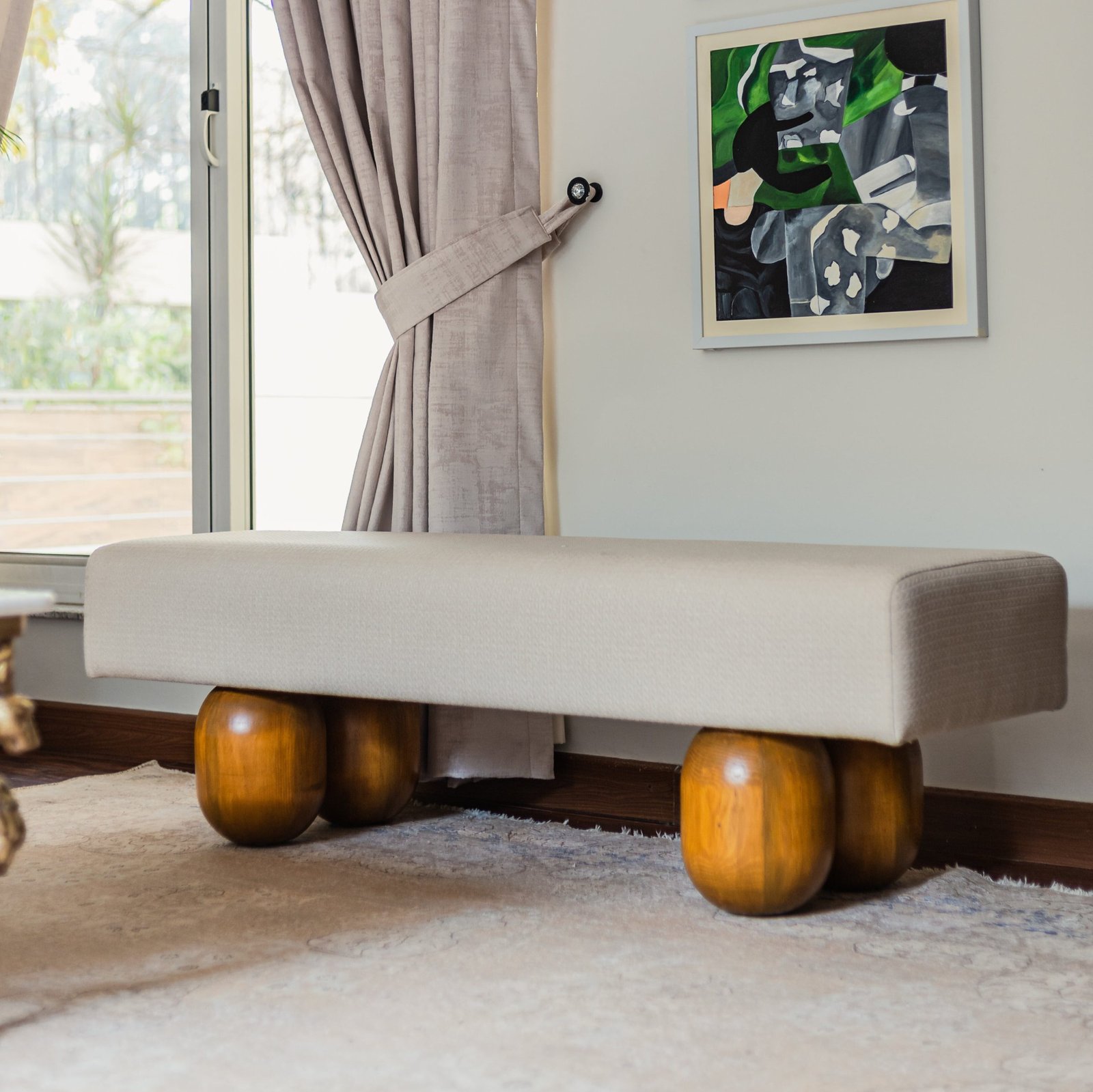 Berryl Bench – Minimalist Wooden Bench with Upholstered Cushion Berryl Bench – solid wood bench with cushioned seat in a modern entryway setup