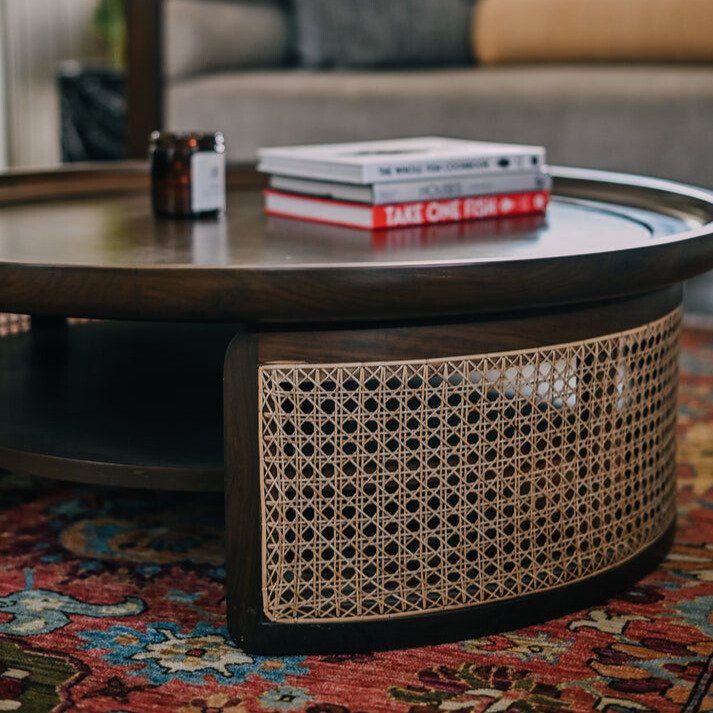 Lyra Coffee Table – sculptural modern center table with wood top and curved designer base