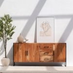 Camille Media Console & Buffet with sleek wood finish, spacious storage compartments, and a modern minimalist design.