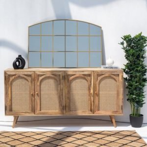 Oriana Four Doors Rattan Buffet with solid wood frame and handwoven rattan doors, offering spacious storage and natural design