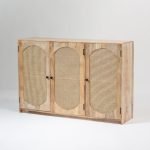 Mirna Rattan Wood Sideboard featuring a solid wood frame, woven rattan doors, and spacious storage compartments for stylish organization.