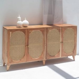 Naevia Rattan Doors Acacia Wood Sideboard with handwoven rattan detailing and a solid wood frame, featuring four storage compartments.