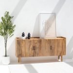 Donna Mango Wood Sideboard featuring a natural wood finish, elegant carved details, and spacious storage compartments.