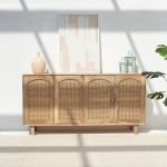 Hans Four Doors Rattan Buffet featuring a solid wood frame, woven rattan panels, and elegant arched doors.