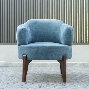 Midge Arm Chair – compact upholstered armchair with curved back and wooden legs