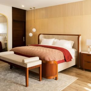 Marya Solid Wood Bed with classic headboard and natural wood finish