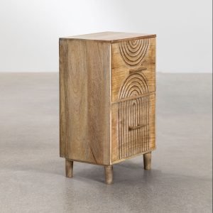 Irine side table in solid wood with handwoven rattan detailing and natural finish