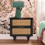 Florence Bedside Table in Honey Finish with Handwoven Rattan Drawer Front