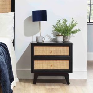 Kira solid wooden bedside table with two drawers in a natural wood finish