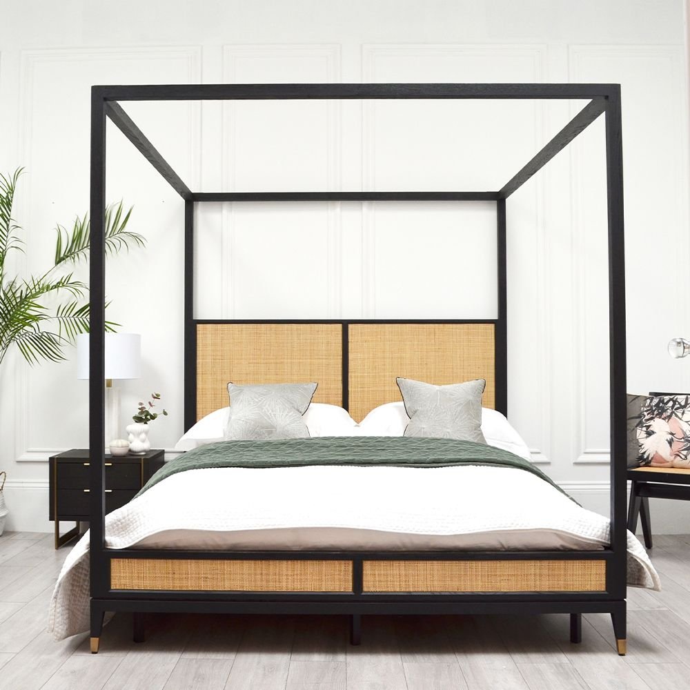 Lucia Solid Wood Rattan 4 Poster Bed – Colonial Elegance Lucia Solid Wood Rattan 4 Poster Bed featuring four posts and woven rattan panels.