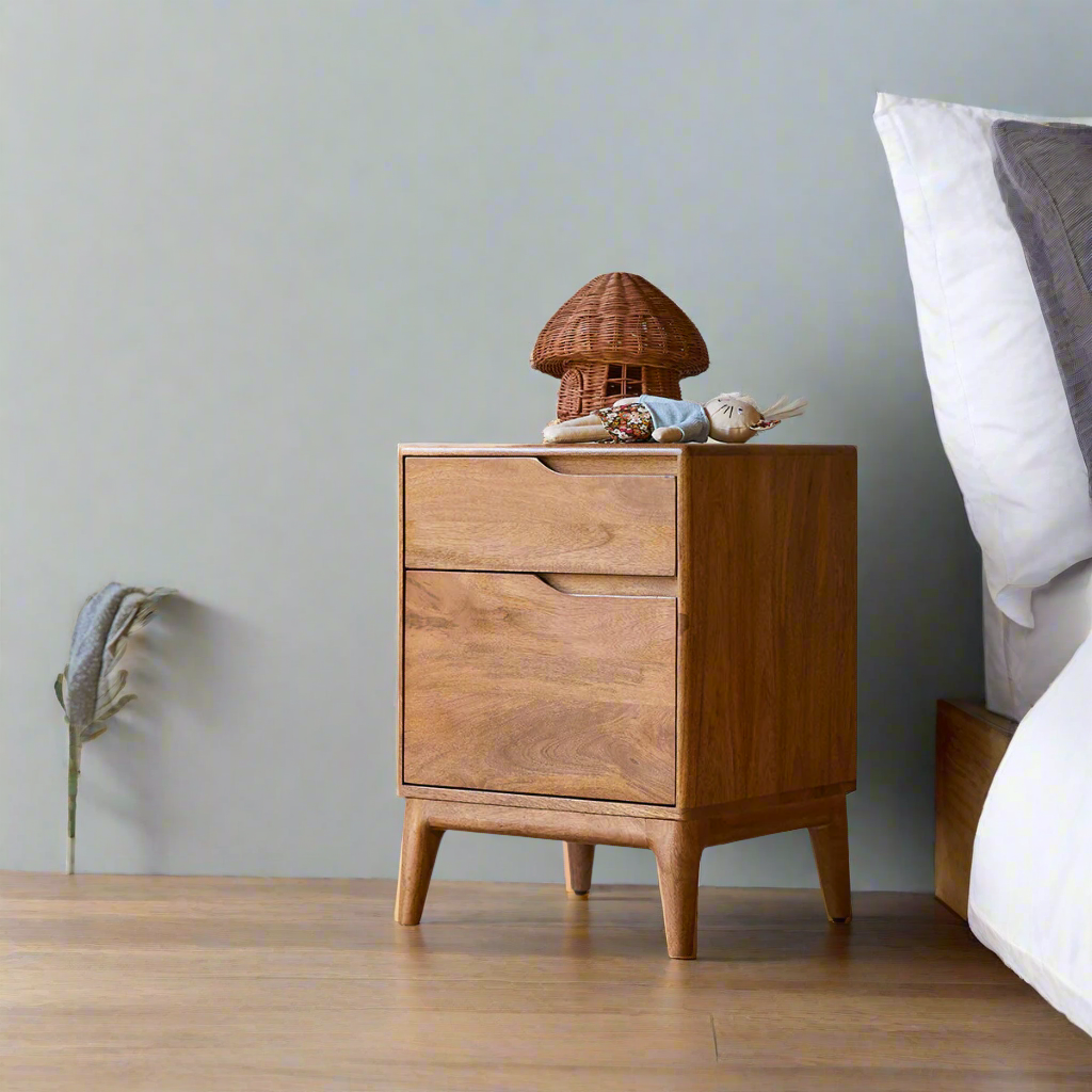 Mango Breeze bedside table in solid mango wood with drawer and open shelf in natural finish