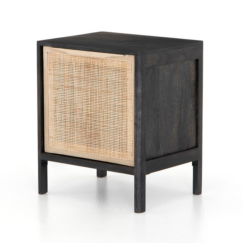 Rattan wooden bedside table with cane drawer and solid wood frame in natural finish