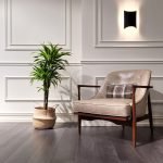 Zensa Arm Chair with light linen fabric, low profile, and minimalist design in a modern living room