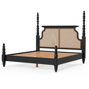 Zaya Solid Wood Rattan Poster Bed featuring four posts and woven rattan panels.