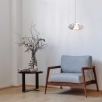 Demetra Bio Armchair with solid walnut frame and natural fabric upholstery