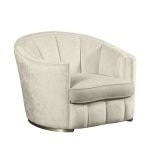 Eliodoro Armchair with curved back, plush upholstery, and sculpted silhouette on tapered legs.