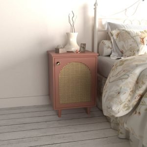 Mabelle Bedside Table in Candid Pink finish with rattan drawer front