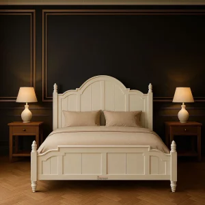 Jodhana Regal Bed crafted from solid wood with intricate Rajasthani carvings and a bold traditional headboard, finished in natural walnut tone.