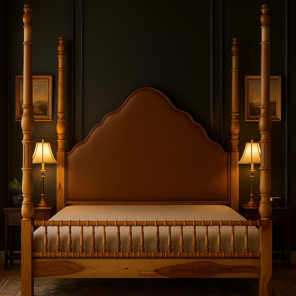 Royal Crest Poster Bed – Solid Wood Luxury Bed Frame Royal Crest Poster Bed made of solid wood with carved posts and elegant traditional design, ideal for luxury bedrooms.
