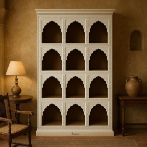 "Heritage Spine Bookshelf made of solid wood with vertical spine design and open shelves, ideal for book and décor display."