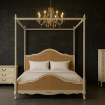 "Regal Haven solid wood four-poster bed with carved pillars and elegant headboard"